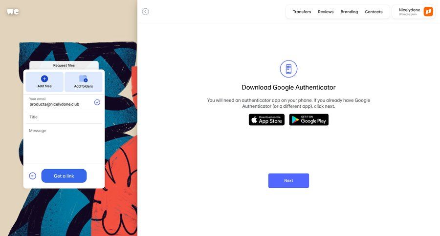 WeTransfer
			multi-factor authentication (mfa) onboarding account setup account security authentication file management instructions security setup download mfa ui page example