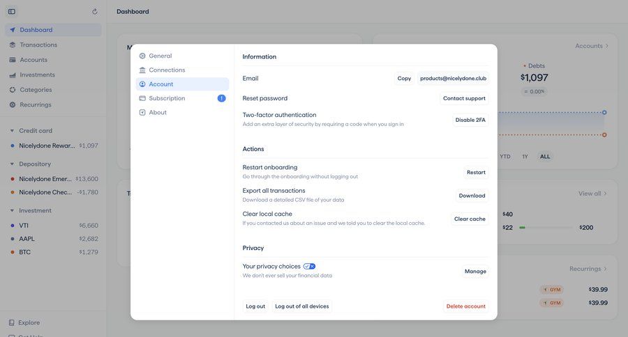 Copilot
			 data export account settings settings modal ui page example