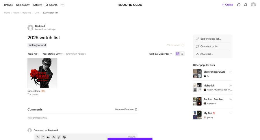 Record club
			 progress tracking user profile lists menu order tracking sharing ui page example