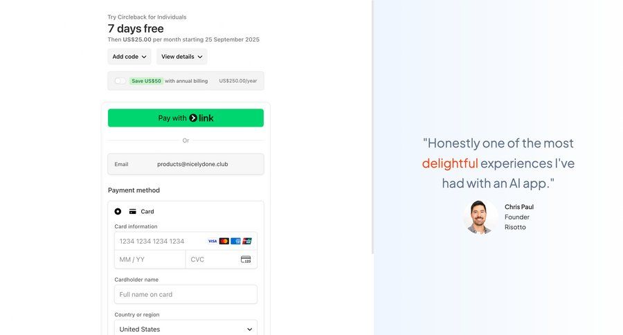 Circleback
			checkout onboarding form plans & pricing (in app) e-commerce form free trial payment processing ui page example