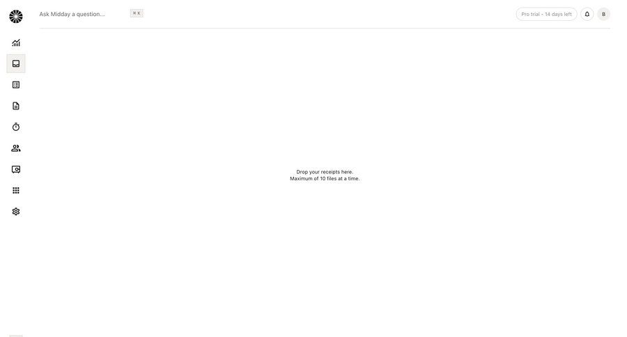 Midday
			 sidebar navigation onboarding finance file upload file management full-screen layout drag and drop task completion sidebar ui page example