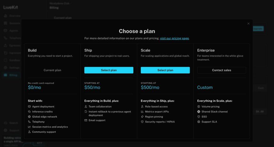 Livekit
				plans & pricing (in app) ui page example