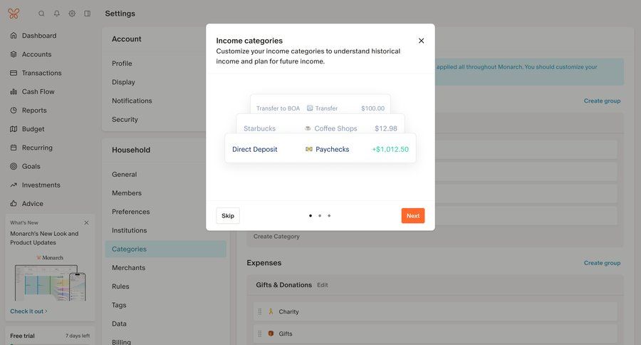 Monarch
			 settings onboarding finance tutorial parameters product update ui page example