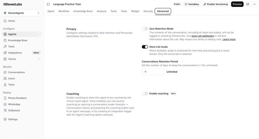 Elevenlabs
			 data management configuration settings artificial intelligence sidebar detail view navigation menu ui page example