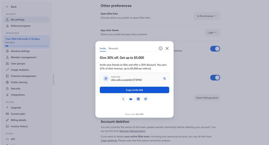Slite
			settings referral & invite your friends modal & popover workspace settings configuration settings sidebar navigation account settings account deletion sidebar ui page example