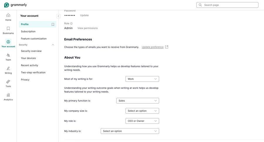 Grammarly
				profile ui page example