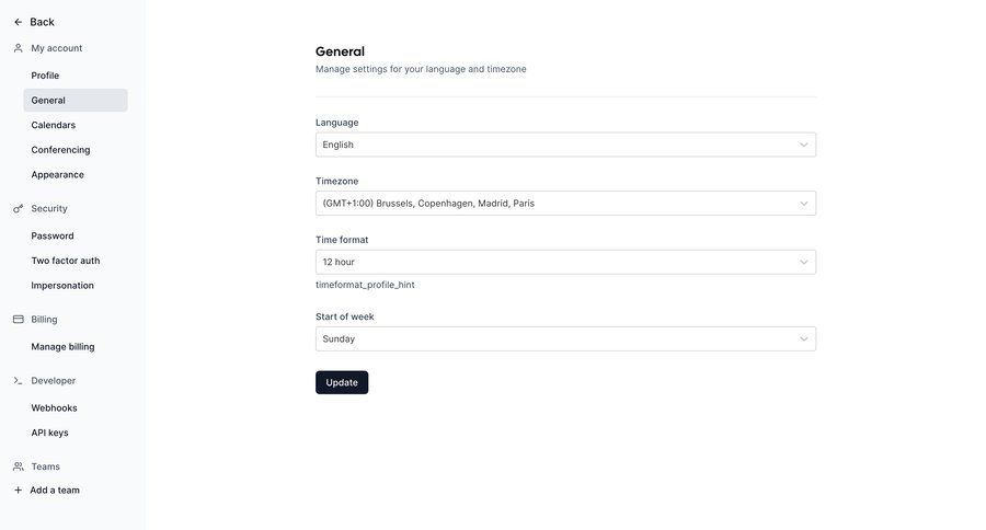 Cal.com
			language settings settings sidebar navigation form account settings form layout sidebar timezone selector ui page example