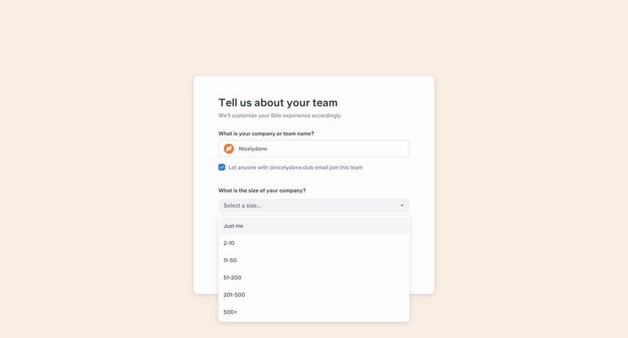Slite
			onboarding form team modal & popover onboarding form ui page example