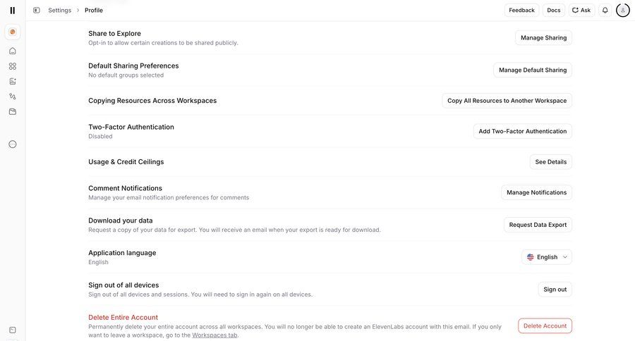 Elevenlabs
			 data export account management profile settings account deletion ui page example