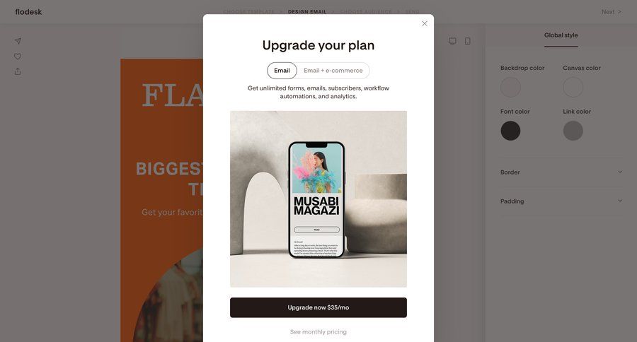 Flodesk
			 upgrade modal pay announcement paywall ui page example