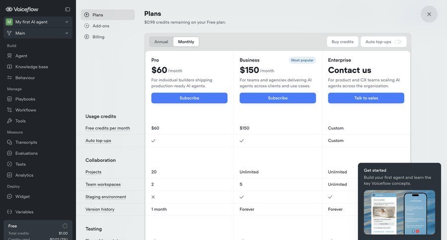 Voiceflow
			 subscription management saas pricing ui page example