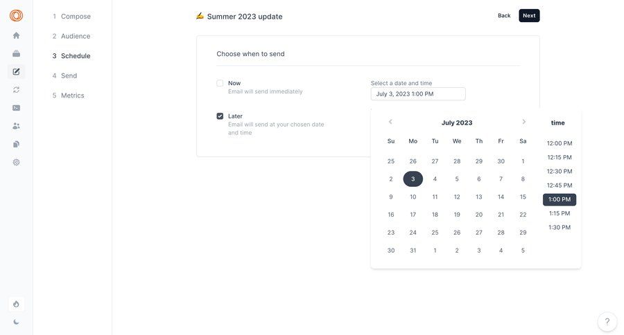Loops
			 form email content scheduling sidebar date picker time picker communication ui page example