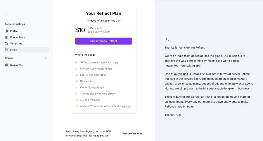 Reflect
			 settings subscription management payment history billing history call transcript sidebar service plans pricing plans subscription plans price payment options payment page payment confirmation pricing packages pricing calculator transcript ui page example