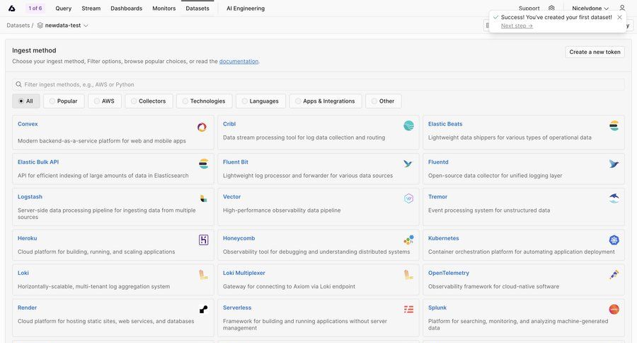 Axiom
			list onboarding filters integrations success state data pipeline ui page example
