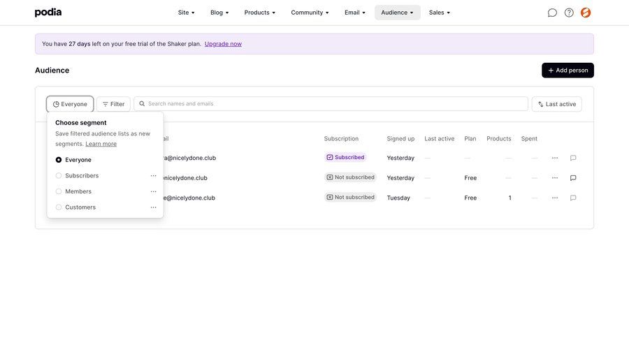 Podia
			 e-commerce audience management filter controls data display filters dropdown free trial dropdown filters search filters filter options filter dropdown sorting filters filter ui table controls search menu ui page example