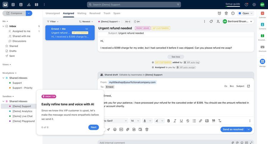 Front
			 team collaboration sidebar navigation email management ai assistance email inbox task communication tutorial guide communication chat messages menu guided tour conversational ui page example