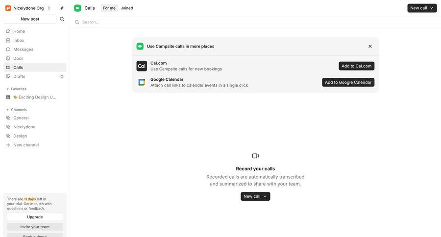 Campsite
			integration settings team collaboration sidebar navigation onboarding integration setup call recording sidebar communication integration modern ui page example