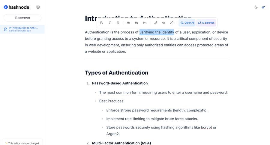 Hashnode
			 sidebar navigation editor authentication ai assistance wysiwyg sidebar security menu article markdown editor ui page example