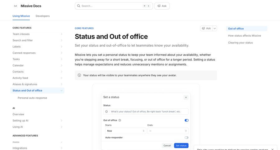 Missive
			 knowledge base ui page example