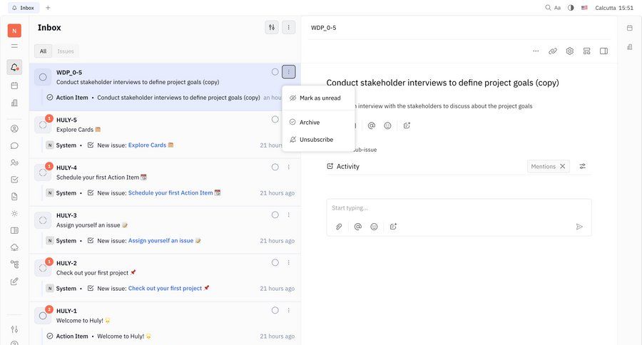 Huly
			 task management project management email management email inbox sidebar menu ui page example