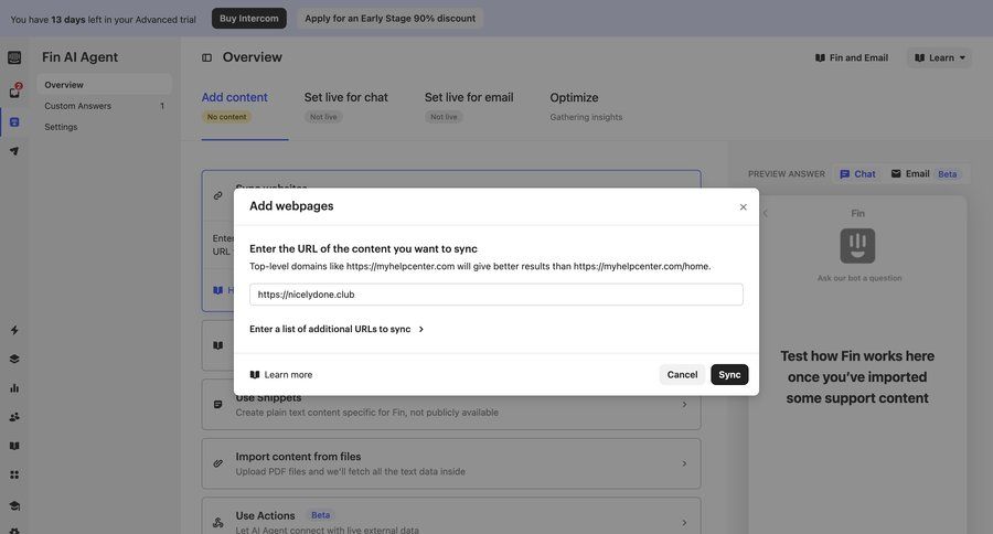 Intercom
			 modal screen content management sidebar navigation artificial intelligence import data cancel action file upload modal cancel trial wizard sidebar data import import file import tool import wizard file picker connect service ui page example