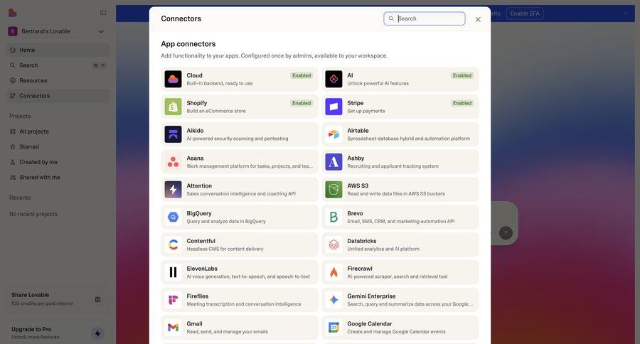 Lovable
			 integration setup workspace settings ui page example