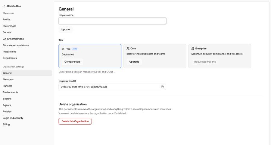 Ona
			 workspace settings organization management ui page example