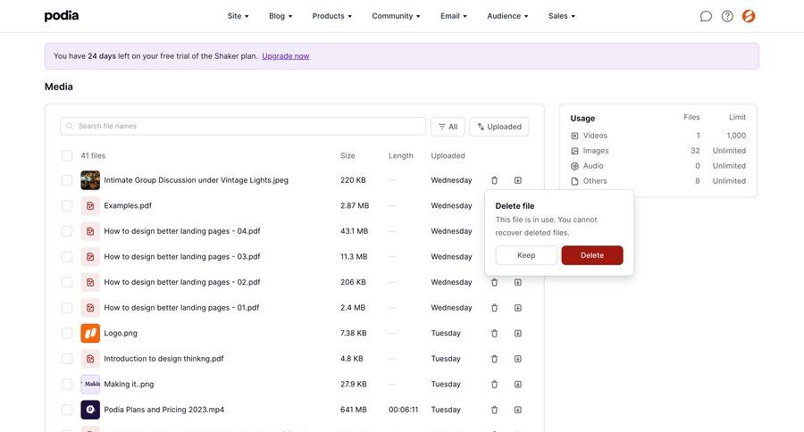 Podia
			 grid delete file upload file management cancel deletion free trial folder table ui page example