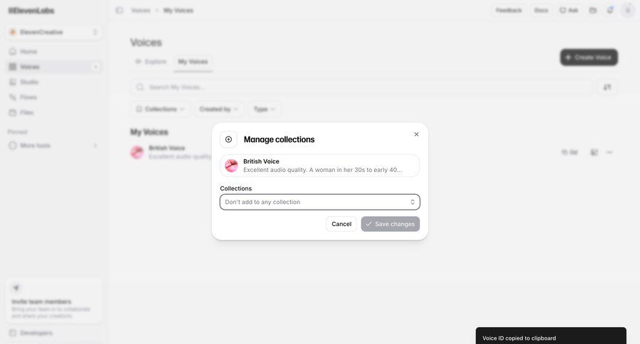 Elevenlabs
			modal & popover success state actions collection settings modal dialog toast notification ui page example