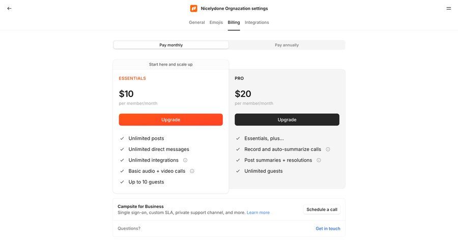 Campsite
			 settings account management account settings subscription management plan comparison billing history call to action pricing plans price features pay bill ui page example