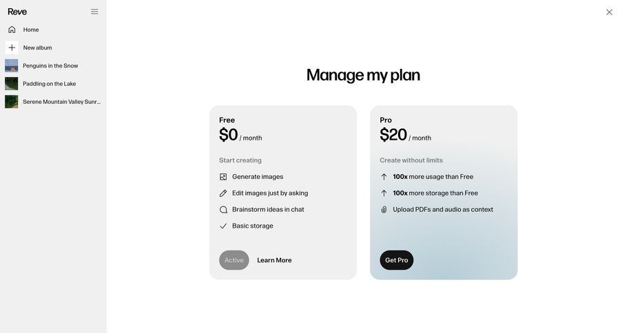 Reve
				plans & pricing (in app) ui page example