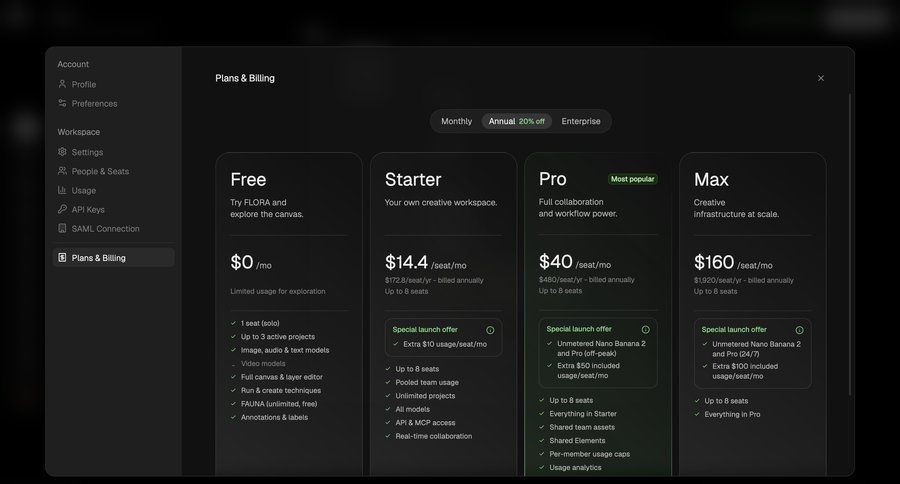 Flora
			settings plans & pricing (in app) upgrade your account account settings workspace settings billing settings modern sidebar sidebar navigation account management account settings subscription management plan comparison workspace settings saas pricing ui page example