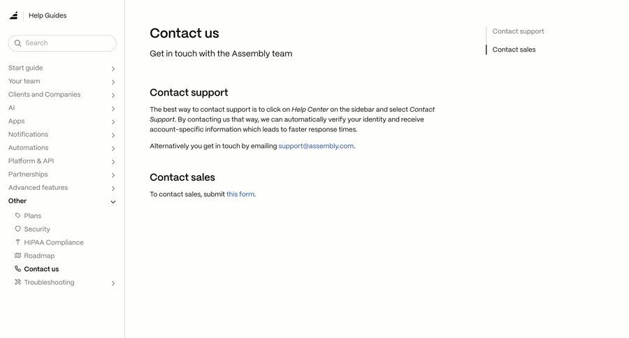 Assembly
			 knowledge base contact us documentation ui page example