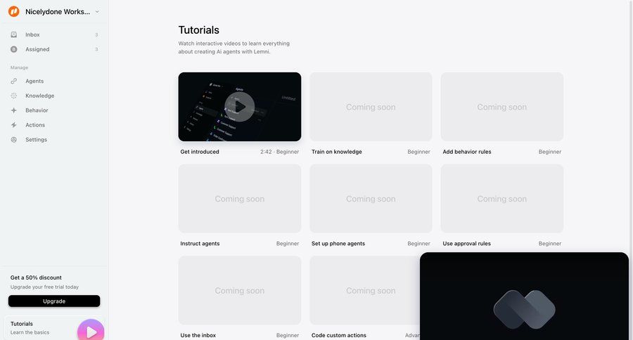 Lemni
			 artificial intelligence grid onboarding video player navigation sidebar coming soon tutorial card layout ui page example