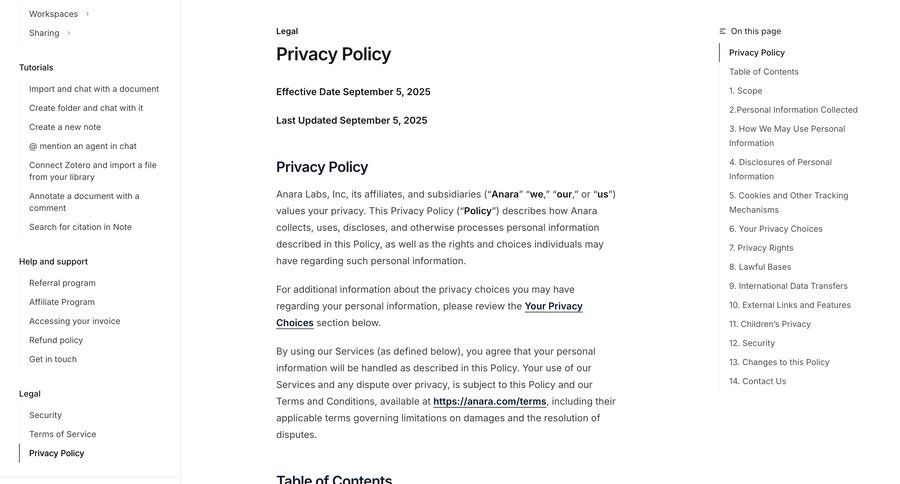 Anara
				legal ui page example