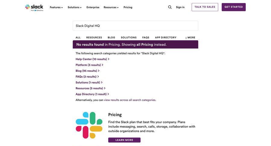 Slack
			 free plan call to action alternatives enterprise search results ui page example