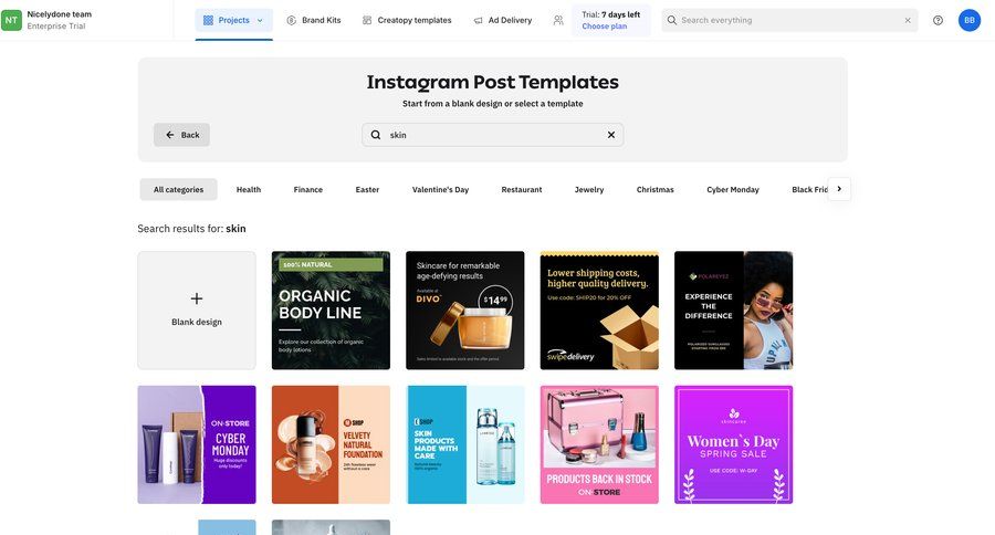 Creatopy
			 e-commerce grid design templates template library template selection search bar card layout ui page example