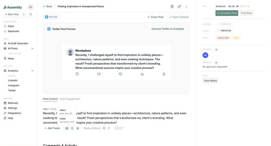 Assembly
			content editor messaging timeline content management team collaboration sidebar navigation editor right sidebar content scheduling wysiwyg timeline ui review analytics ui page example