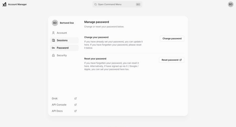 Grok
			password reset account settings settings sidebar navigation account management form account setup user authentication account security account settings password management call intelligence security auth change password password update alternatives update ui page example