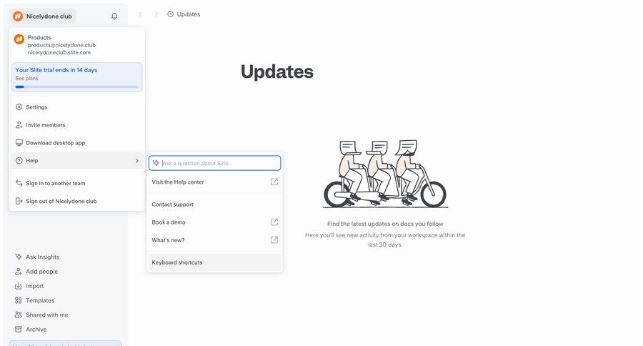 Slite
			 dashboard sidebar menu keyboard shortcuts search bar ui page example