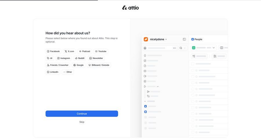 Attio
				onboarding ui page example