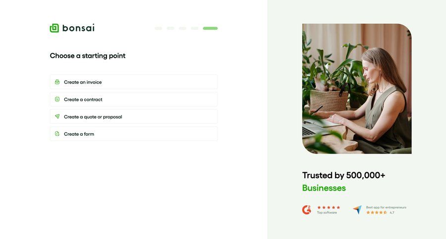 Bonsai
			 onboarding document creation call to action ui page example