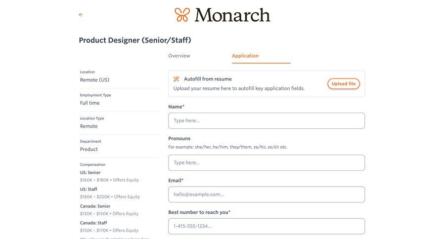 Monarch
			 upload file career jobs job timezone selector ui page example