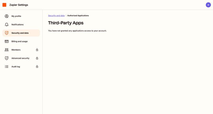Zapier
			 configuration settings account management account setup navigating settings security navigation menu ui page example