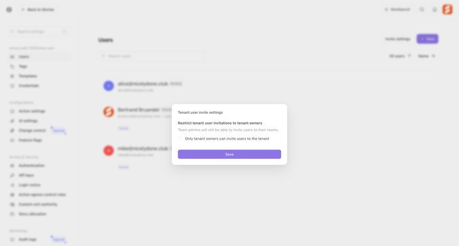 Tines
			 configuration settings user management user settings access control user permissions settings modal ui page example
