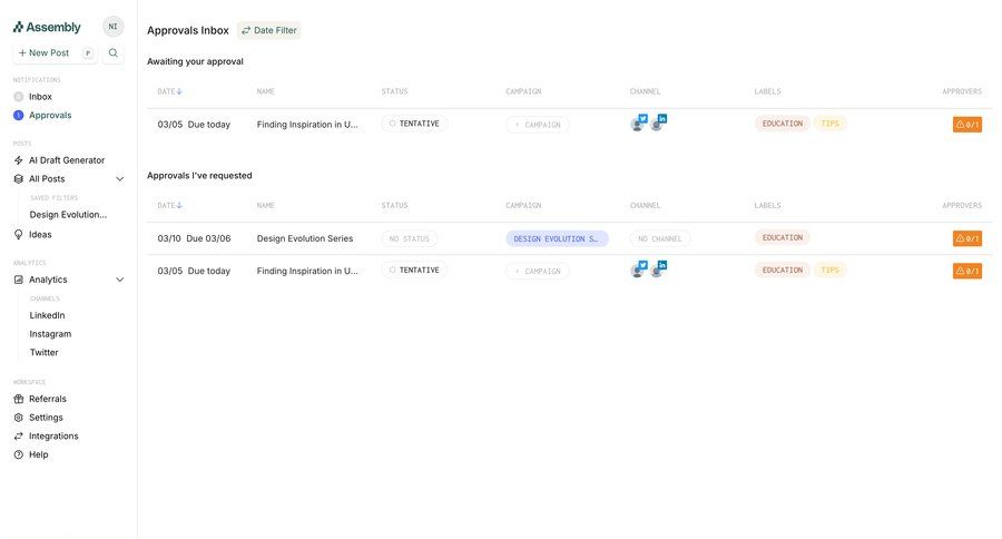 Assembly
			 collaboration dashboard sidebar navigation workflow workflow management inbox lists table date filter ui page example