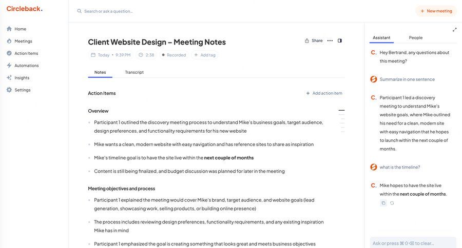 Circleback
			detail page messaging form artificial intelligence collaboration sidebar navigation menu meeting transcript ui page example