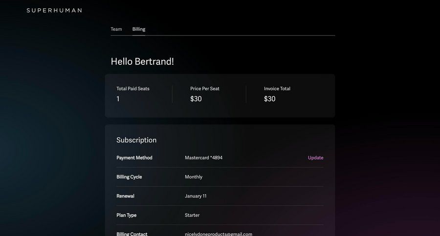Superhuman
			 modern account management account settings subscription management update payment method billing portal ui page example