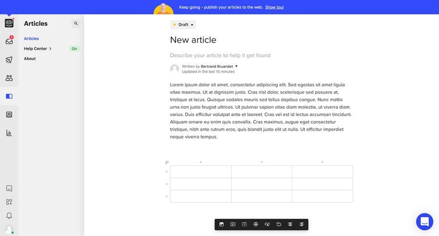 Intercom
			 content management knowledge base wysiwyg editor wysiwyg create table ui page example