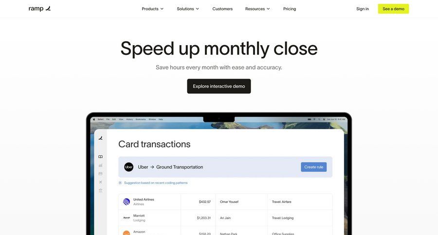 Ramp
			 features management features alternatives transaction history suggestion pricing calculator ui page example